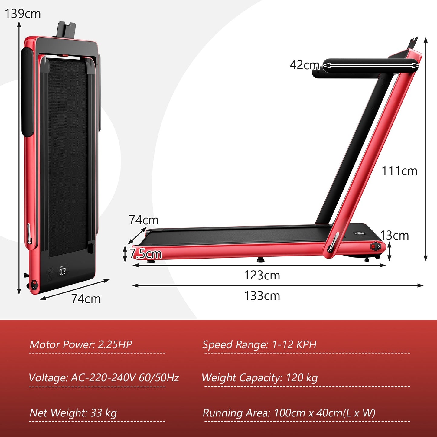 2.25 HP Foldable Treadmill 3 in 1 Walking Pad Under Desk Treadmill-Red