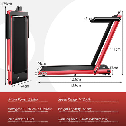 2.25 HP Foldable Treadmill 3 in 1 Walking Pad Under Desk Treadmill-Red