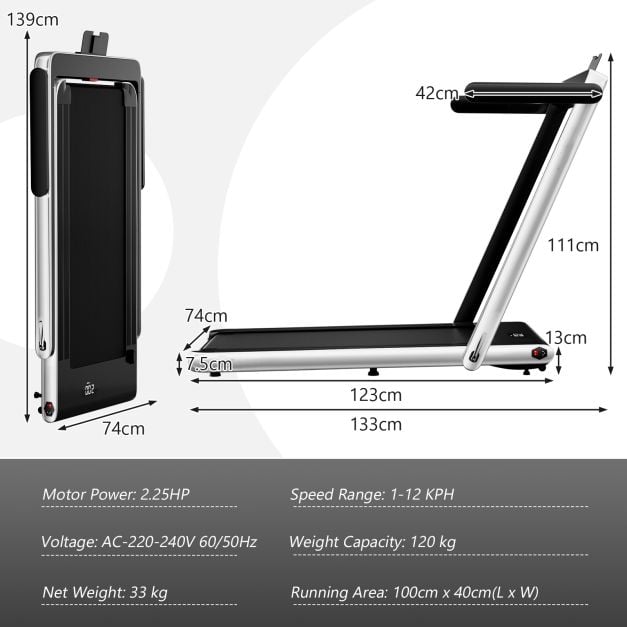 2.25 HP Foldable Treadmill 3 in 1 Walking Pad Under Desk Treadmill-Silver