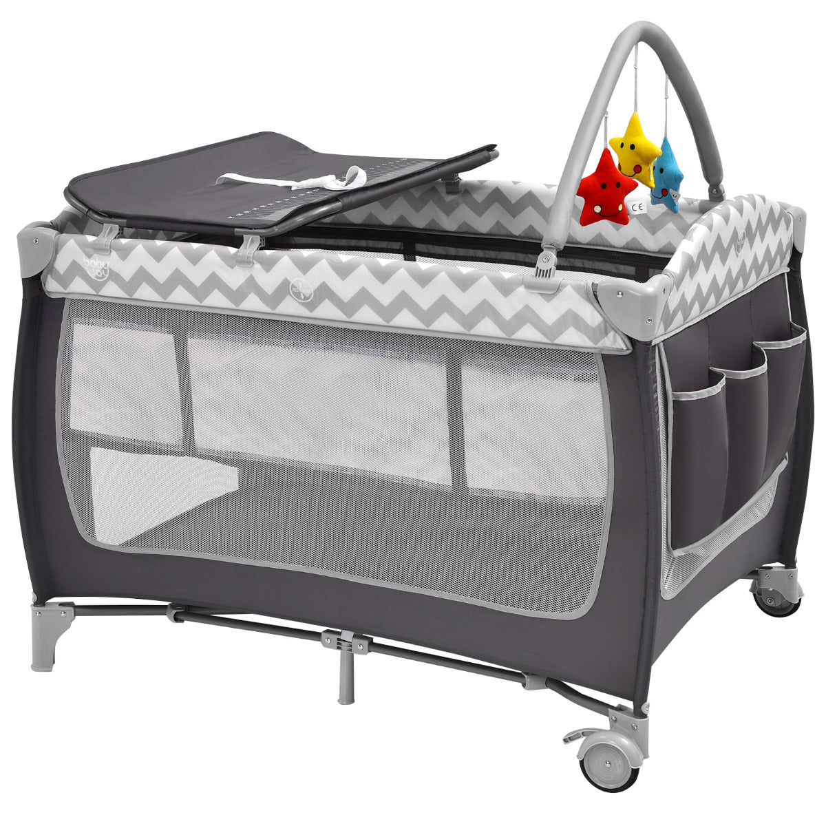 3 in 1 Baby Playard Portable Infant Nursery Center with Toy Bar-Grey