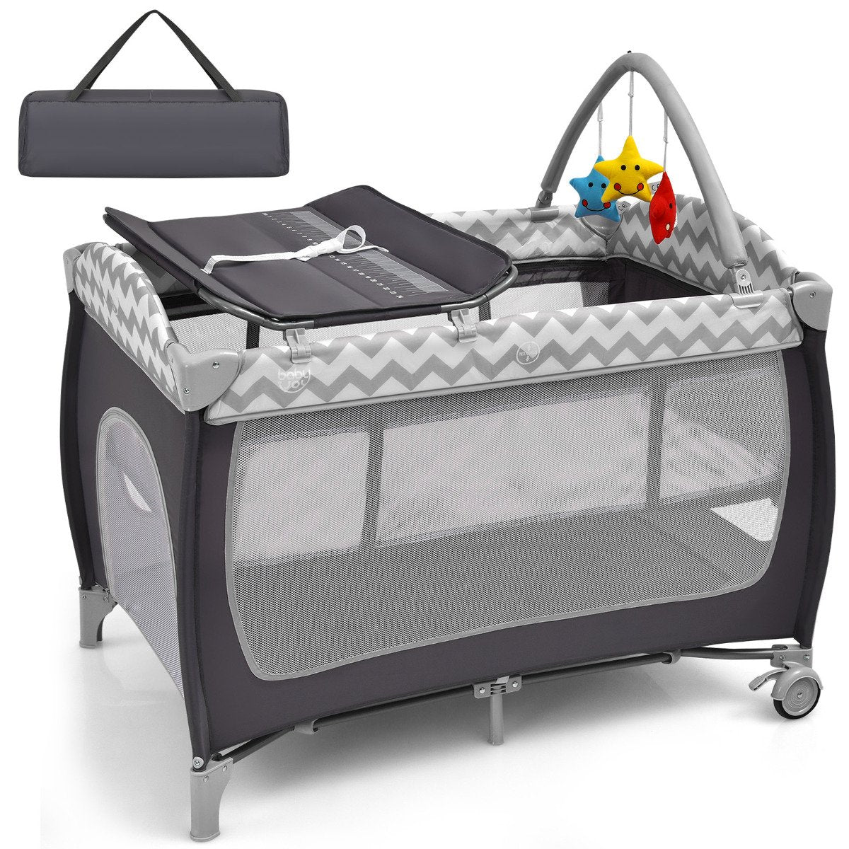 3 in 1 Baby Playard Portable Infant Nursery Center with Toy Bar-Grey