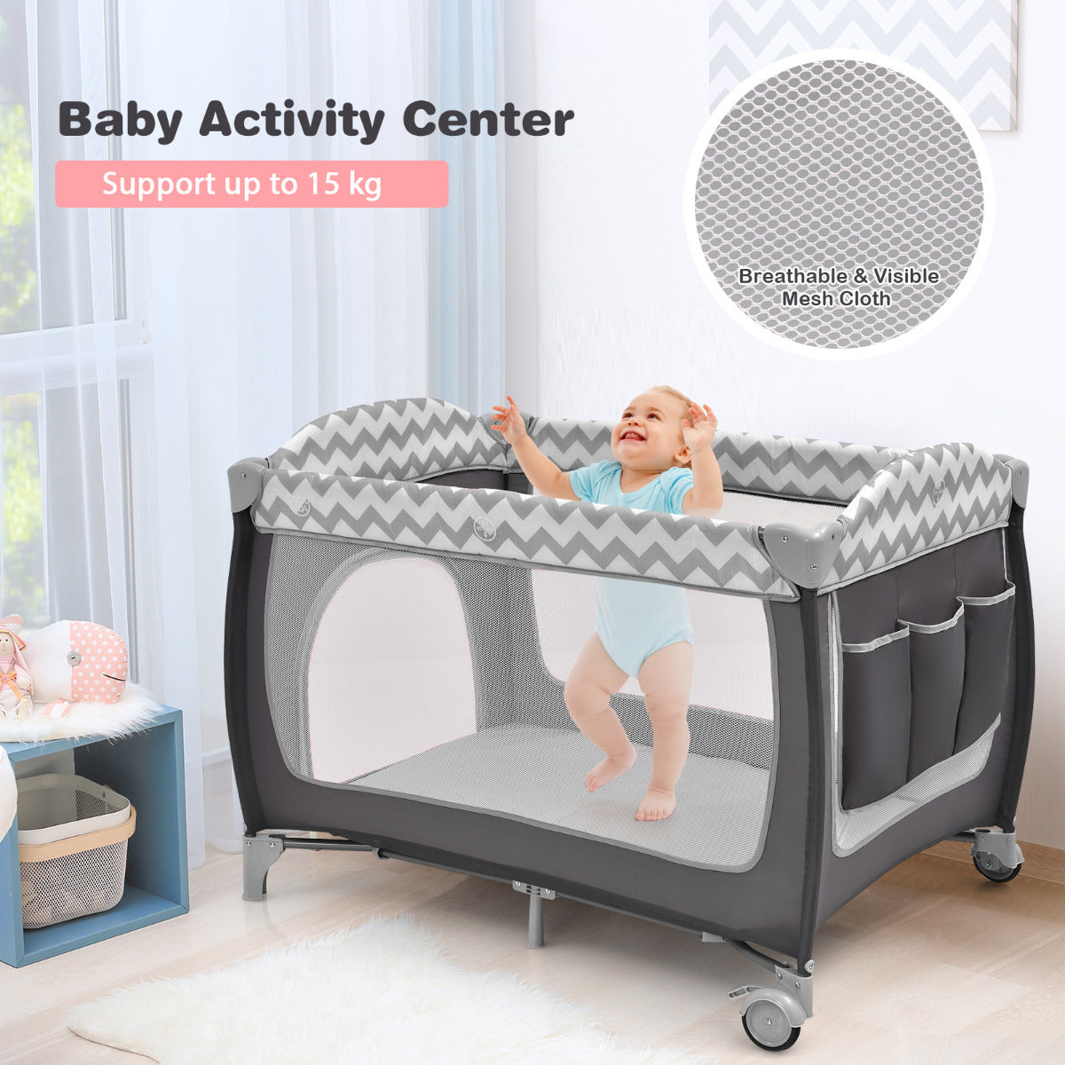 3 in 1 Baby Playard Portable Infant Nursery Center with Toy Bar-Grey