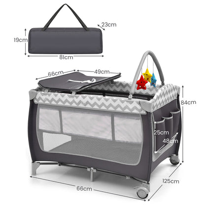 3 in 1 Baby Playard Portable Infant Nursery Center with Toy Bar-Grey