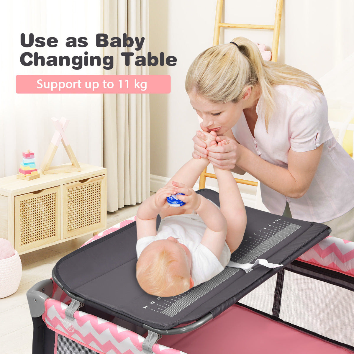3 in 1 Baby Playard Portable Infant Nursery Center with Toy Bar-Light Pink