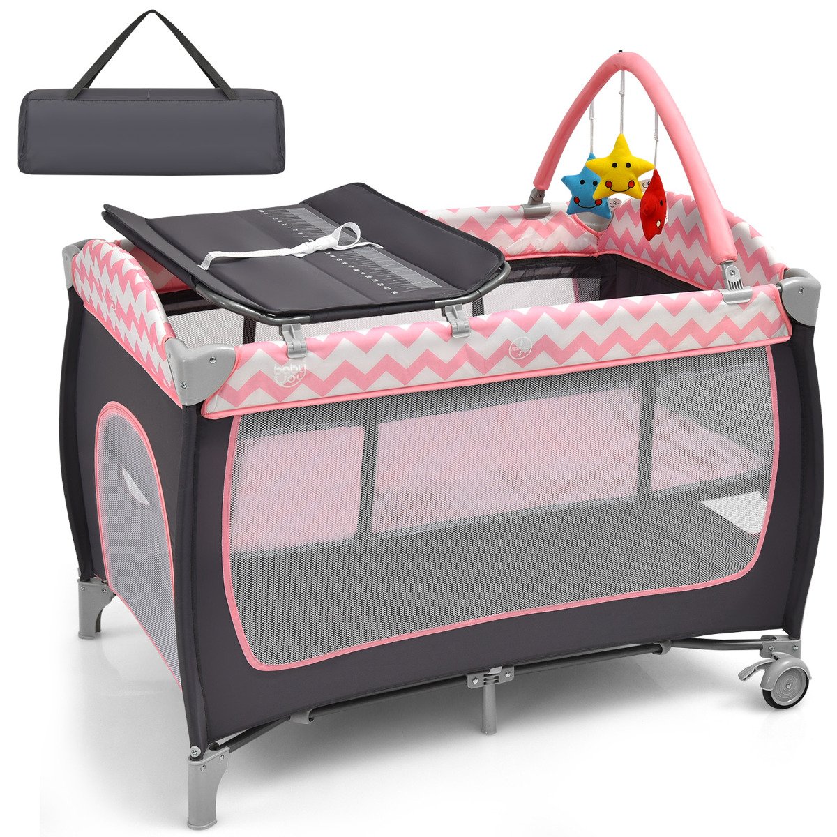 3 in 1 Baby Playard Portable Infant Nursery Center with Toy Bar-Light Pink