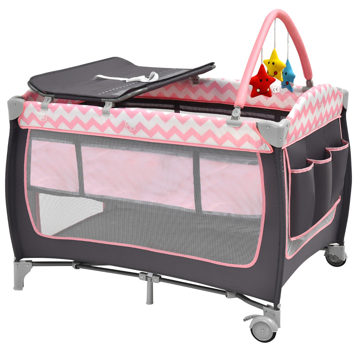 3 in 1 Baby Playard Portable Infant Nursery Center with Toy Bar-Light Pink