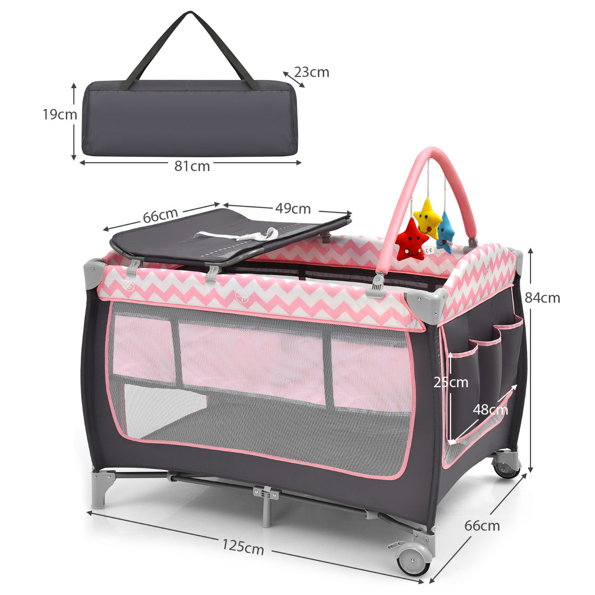 3 in 1 Baby Playard Portable Infant Nursery Center with Toy Bar-Light Pink