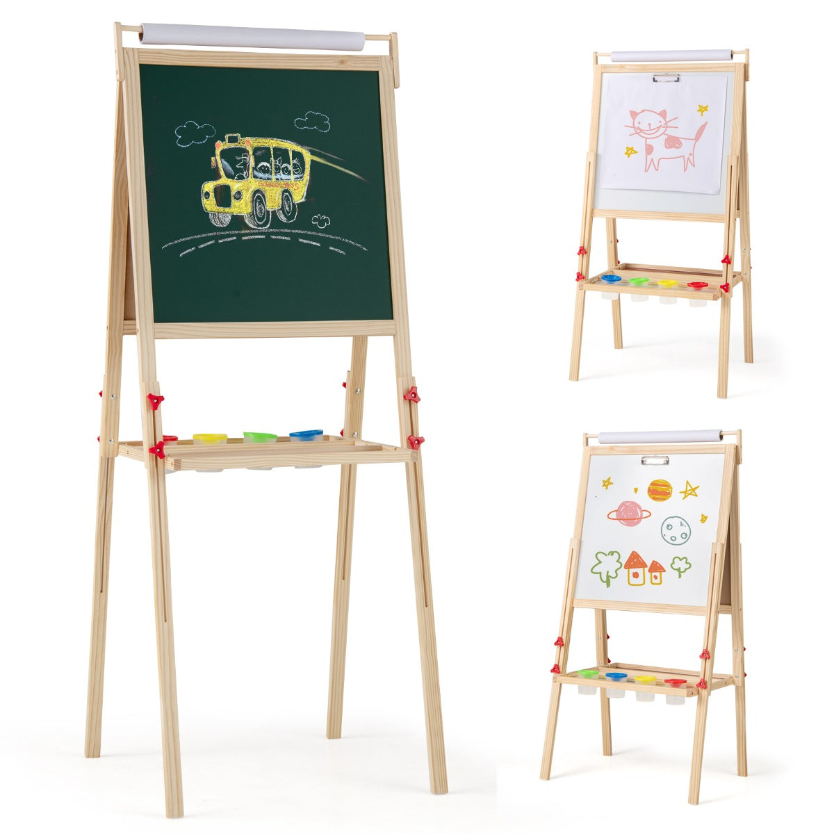 Adjustable Double-sided Easel with 4 Paint Cups-Natutral
