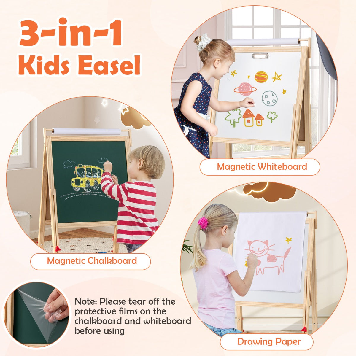 Adjustable Double-sided Easel with 4 Paint Cups-Natutral