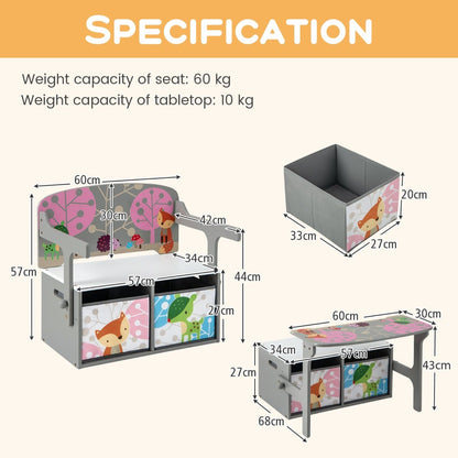 3 in 1 Kids Convertible Activity Bench with 2 Removable Fabric Bins for Drawing Playing-Grey
