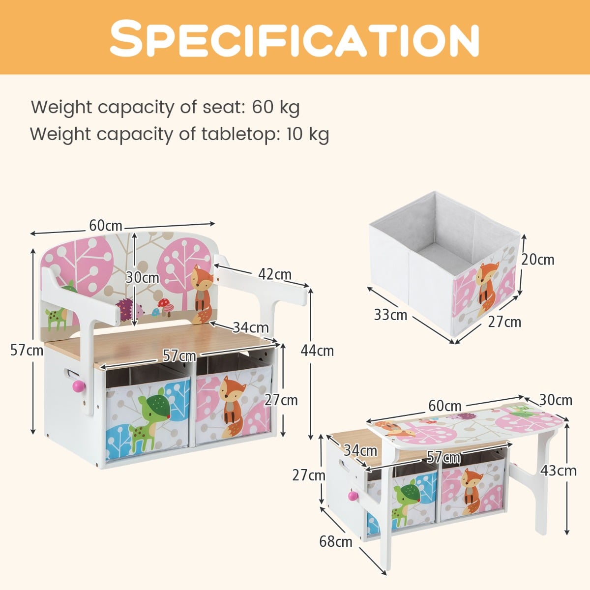 3 in 1 Kids Convertible Activity Bench with 2 Removable Fabric Bins for Drawing Playing-White