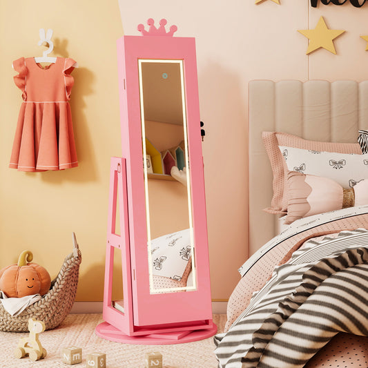 3 In 1 Kids Jewelry Cabinet 360° Swivel Jewelry Armoire with Mirror-Pink