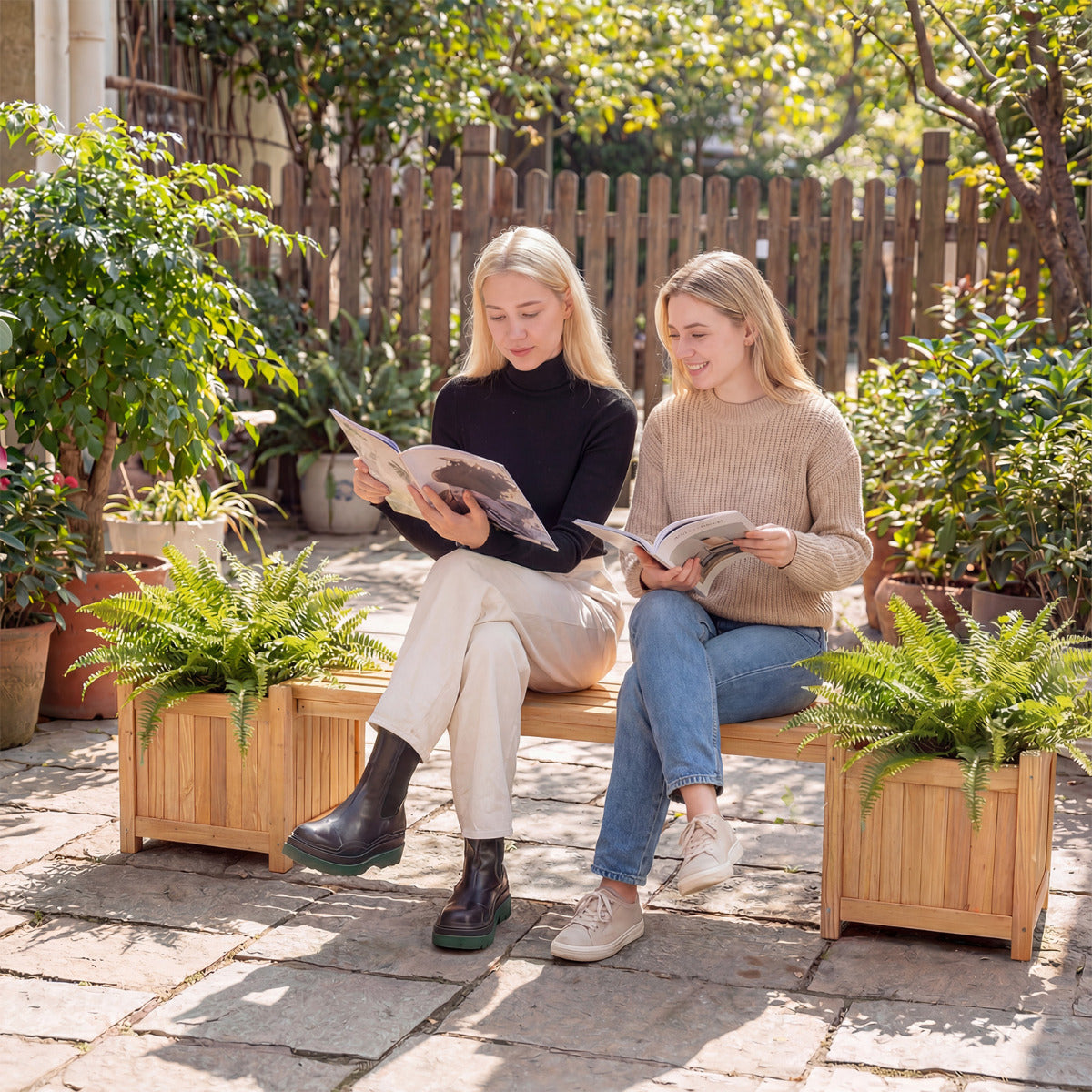3-in-1 Outdoor Planter Box with Bench and 2 Side Garden Beds-Natural