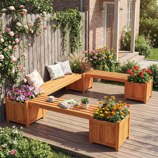 3-in-1 Outdoor Planter Box with Bench and 2 Side Garden Beds-Orange
