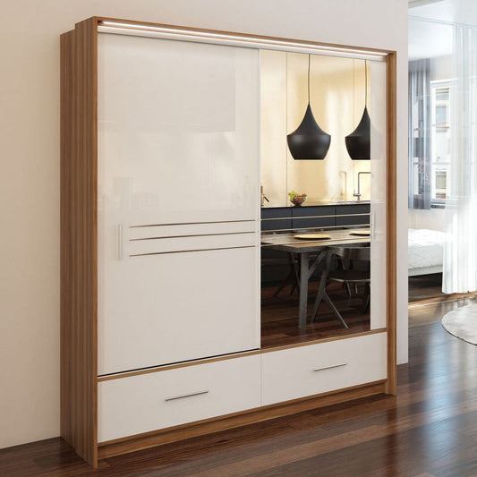 Wiltshire 208cm Sliding Door Wardrobe with Mirror Walnut with 2 Drawers - White Gloss and Black Gloss