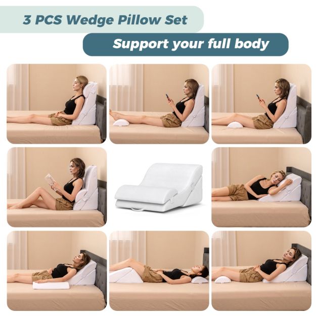 3-piece orthopedic wedge pillow set after surgery against snoring reading pillow white
