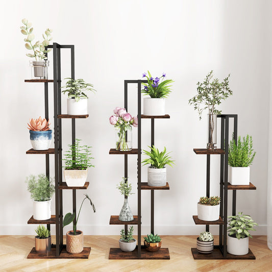 Set of 3 Indoor Plant Stands 4+5+6 Tier Corner Plant Holder with Anti-Tip Devices Brown