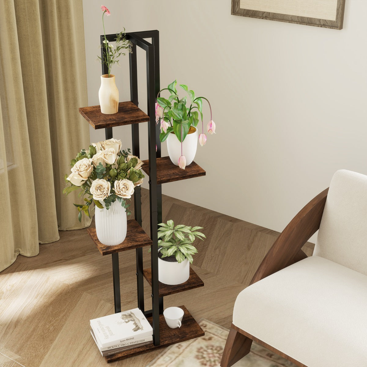Set of 3 Indoor Plant Stands 4+5+6 Tier Corner Plant Holder with Anti-Tip Devices Brown
