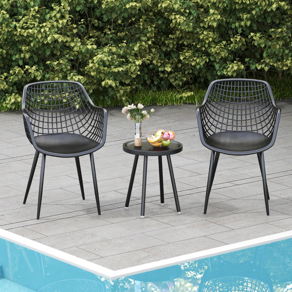 3 Piece Patio Chair Set with PP Seat and Tabletop-Black