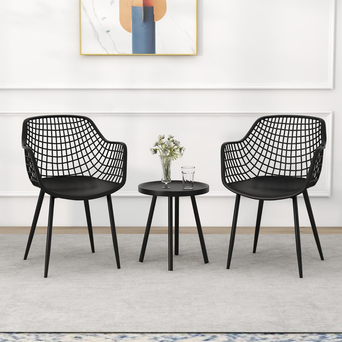 3 Piece Patio Chair Set with PP Seat and Tabletop-Black