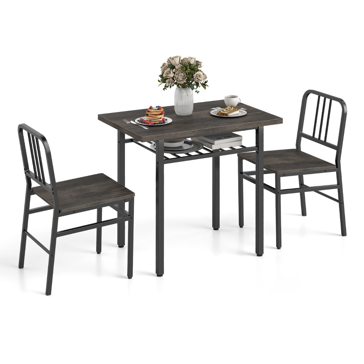 3-Piece Dining Table Set with Storage Rack and Metal Legs-Grey