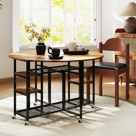 3-Piece Folding Dining Table Set with Large Tabletop and Storage Racks-Rustic Brown