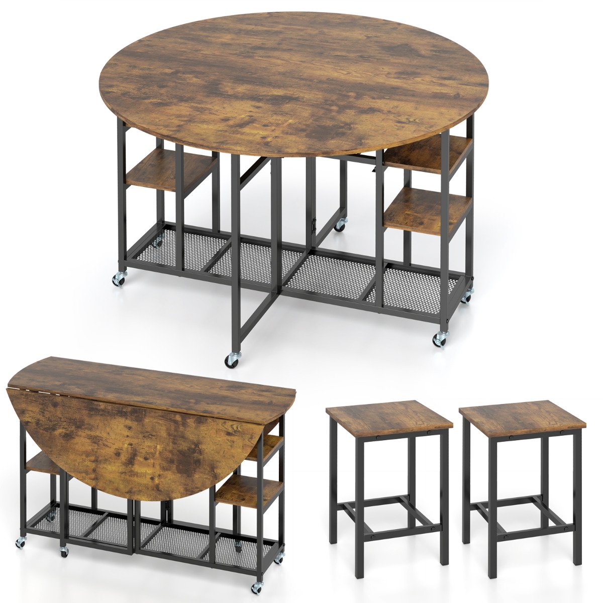 3-Piece Folding Dining Table Set with Large Tabletop and Storage Racks-Rustic Brown