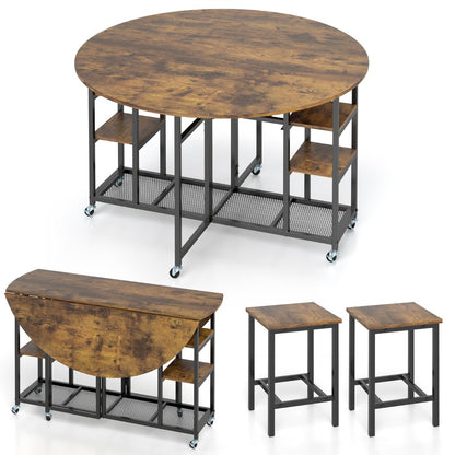 3-Piece Folding Dining Table Set with Large Tabletop and Storage Racks-Rustic Brown