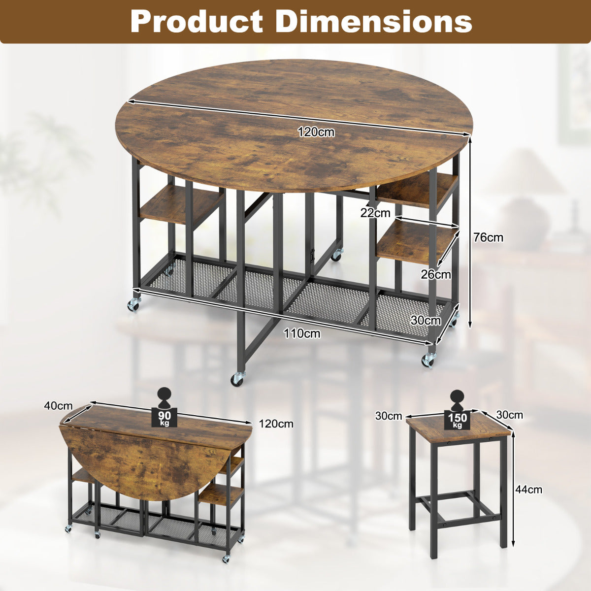 3-Piece Folding Dining Table Set with Large Tabletop and Storage Racks-Rustic Brown