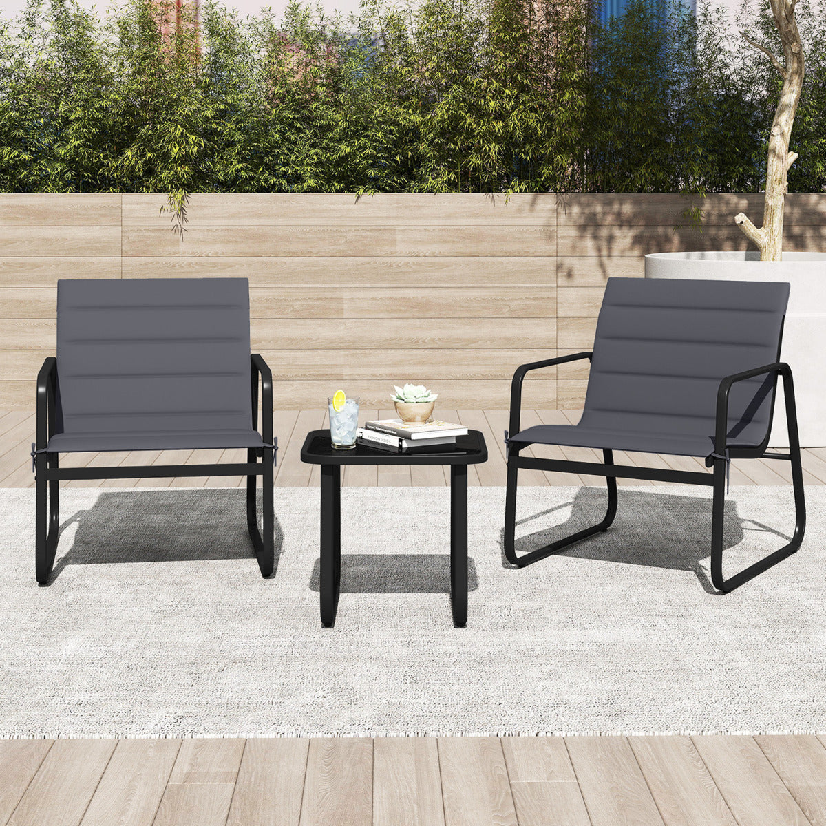3 Piece Patio Bistro Set with Removable Cushions and Tempered Glass Tabletop-Grey