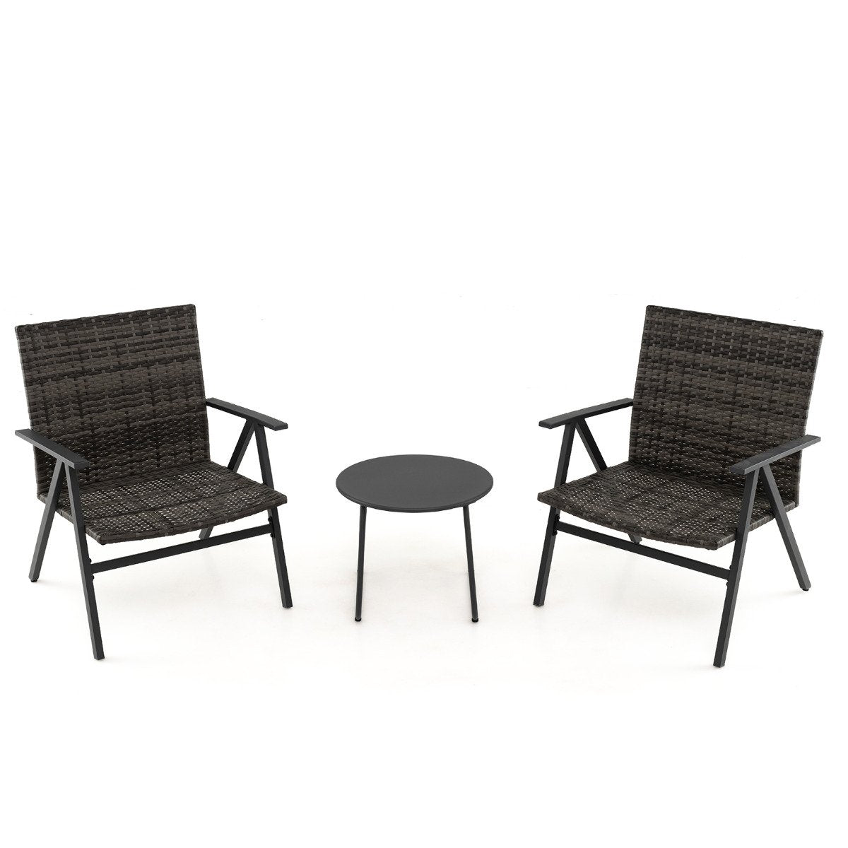 3 Piece Patio Bistro Set Metal Frame Leisure Armchair and Table Set with Rattan Seat and Back-Grey