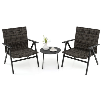3 Piece Patio Bistro Set Metal Frame Leisure Armchair and Table Set with Rattan Seat and Back-Grey