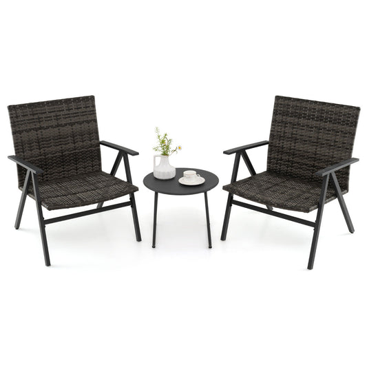 3 Piece Patio Bistro Set Metal Frame Leisure Armchair and Table Set with Rattan Seat and Back-Grey