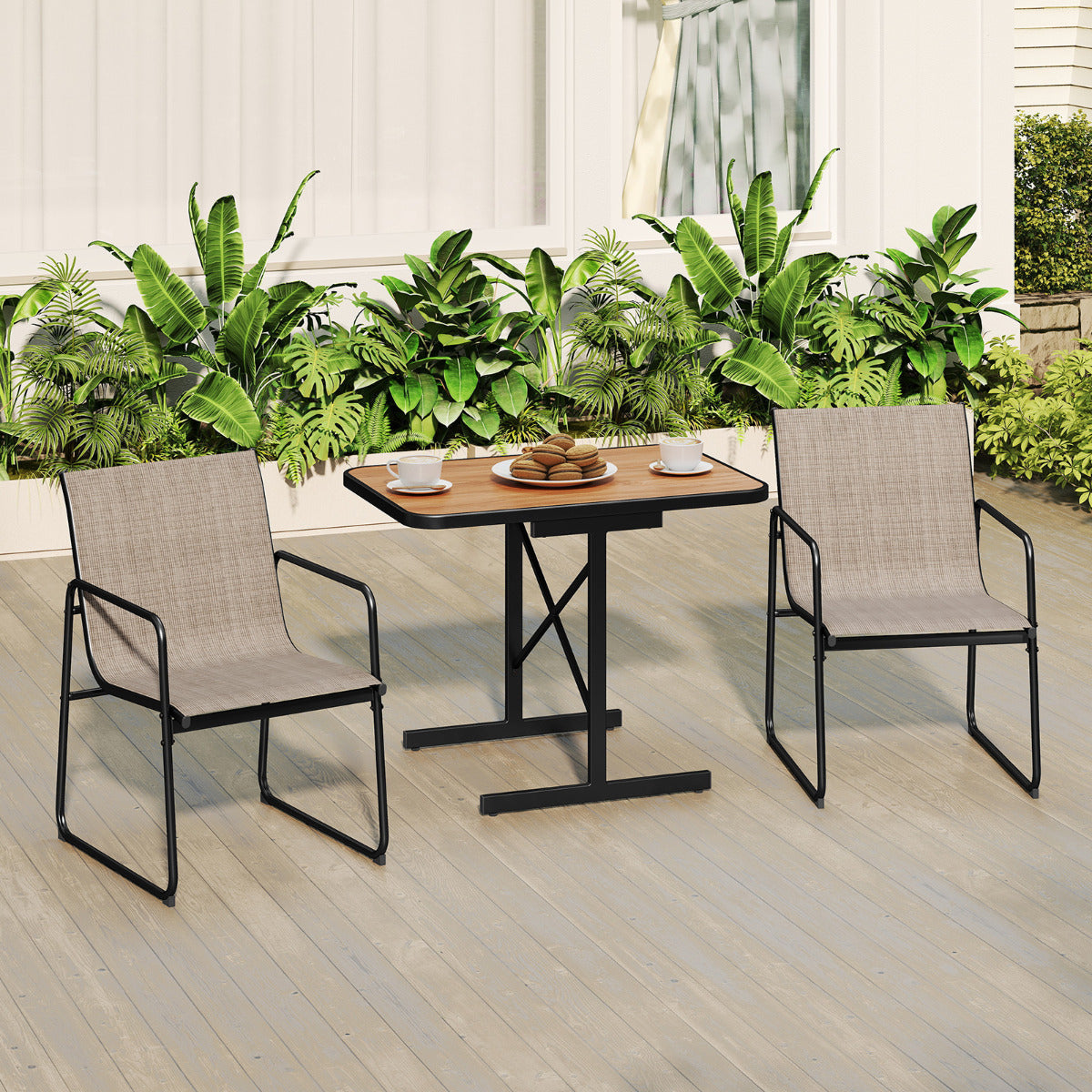 3-Piece Patio Bistro Set with Rectangle Dining Table and Fabric Armchairs-Brown