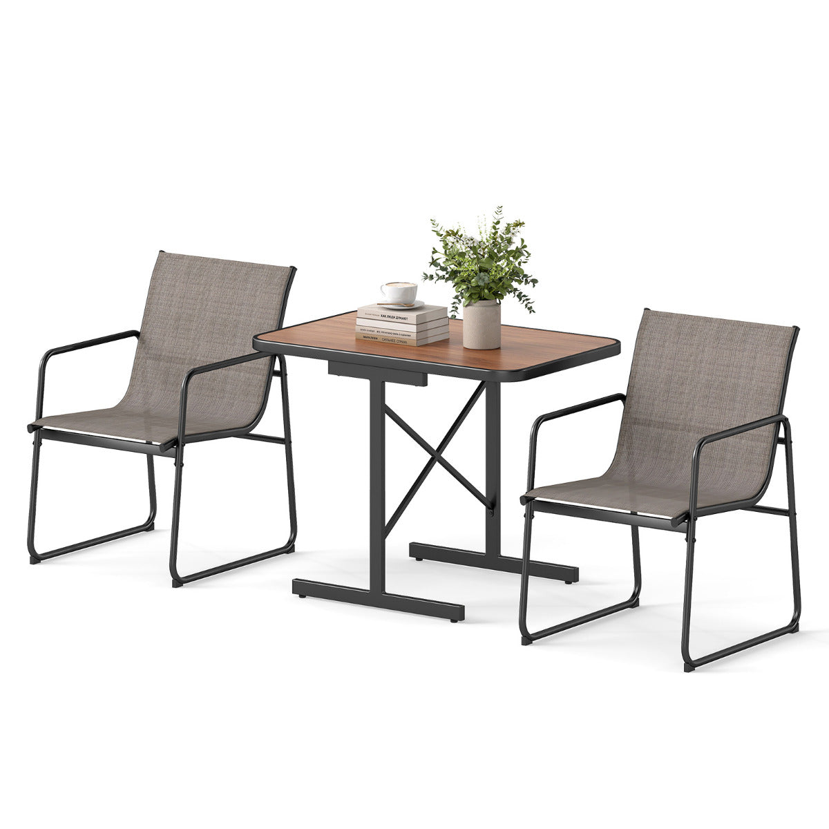 3-Piece Patio Bistro Set with Rectangle Dining Table and Fabric Armchairs-Brown