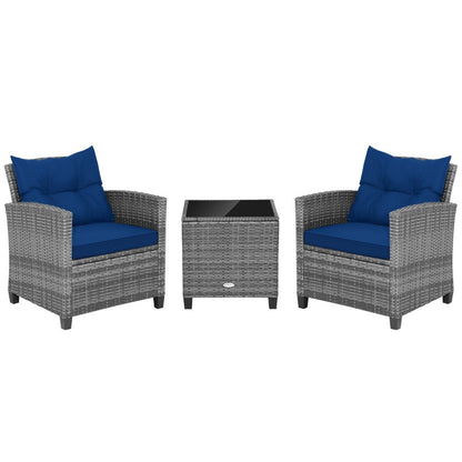 3 Piece Patio Rattan Sofa Set with Solid Tempered Glass Tabletop and Heavy-Duty Steel Frame-Navy