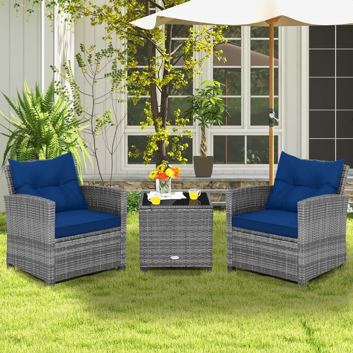 3 Piece Patio Rattan Sofa Set with Solid Tempered Glass Tabletop and Heavy-Duty Steel Frame-Navy