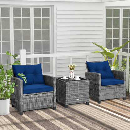3 Piece Patio Rattan Sofa Set with Solid Tempered Glass Tabletop and Heavy-Duty Steel Frame-Navy