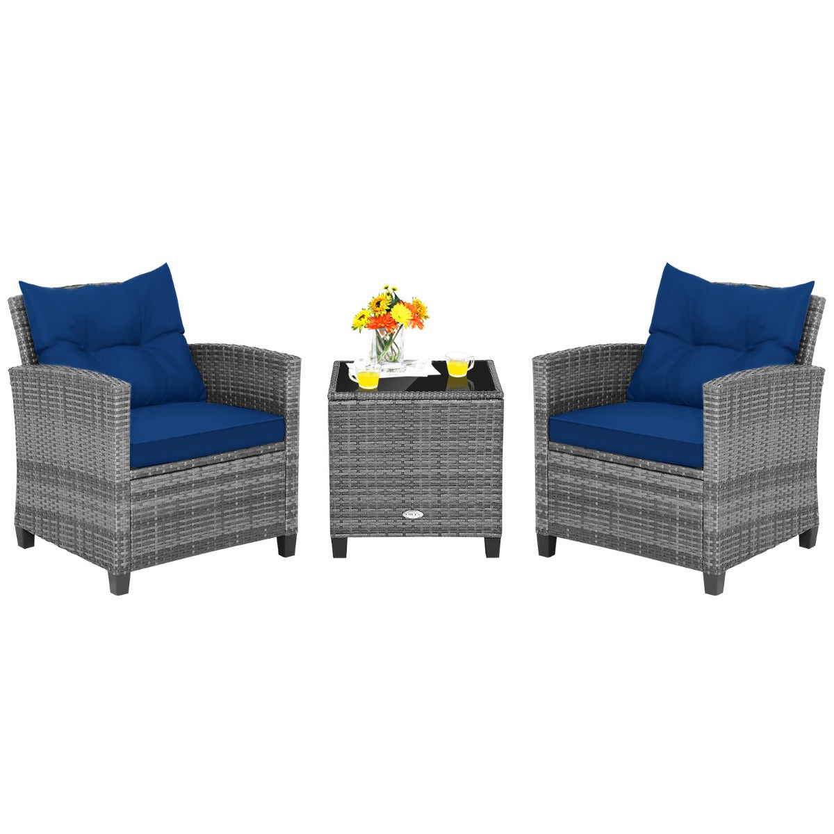 3 Piece Patio Rattan Sofa Set with Solid Tempered Glass Tabletop and Heavy-Duty Steel Frame-Navy