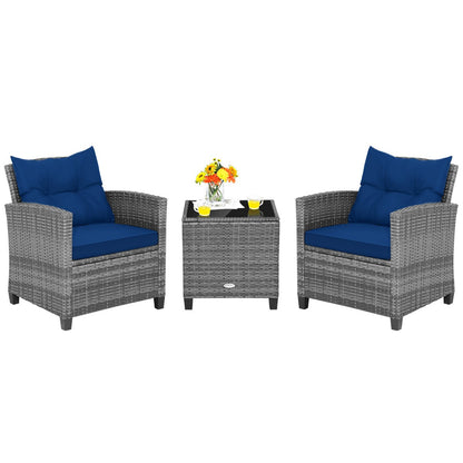 3 Piece Patio Rattan Sofa Set with Solid Tempered Glass Tabletop and Heavy-Duty Steel Frame-Navy