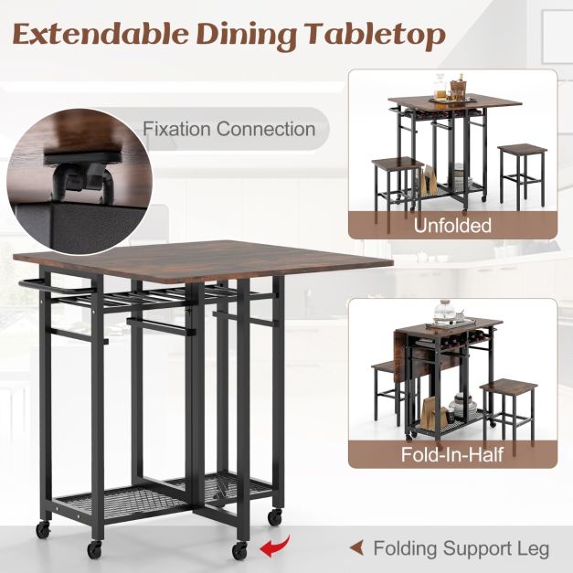 Extendable Dining Table Set with 6-Bottle Wine Rack-Rustic Brown