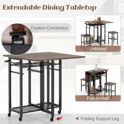 Extendable Dining Table Set with 6-Bottle Wine Rack-Rustic Brown