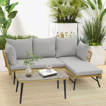 3 Pieces L-Shaped Patio Conversation Set with Tempered Glass Table-Grey