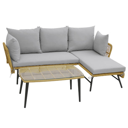 3 Pieces L-Shaped Patio Conversation Set with Tempered Glass Table-Grey