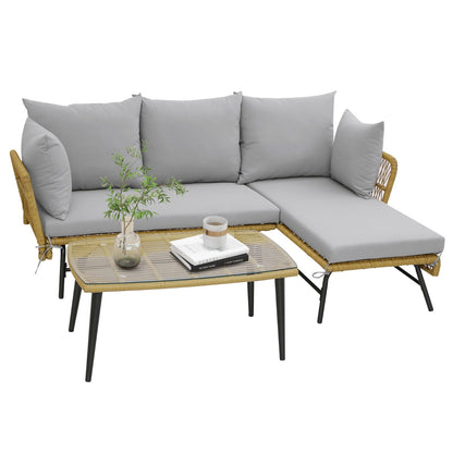 3 Pieces L-Shaped Patio Conversation Set with Tempered Glass Table-Grey