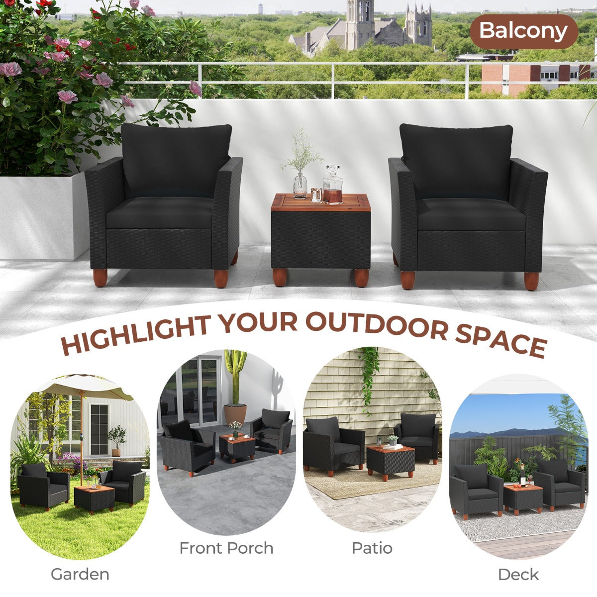 3 Pieces Patio Porch Furniture Set with Cushions and Storage Table-Black