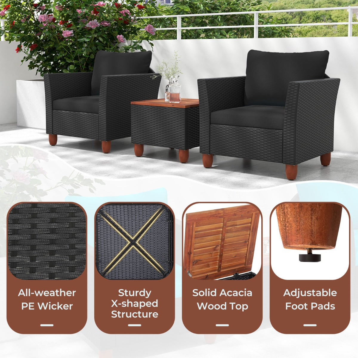3 Pieces Patio Porch Furniture Set with Cushions and Storage Table-Black