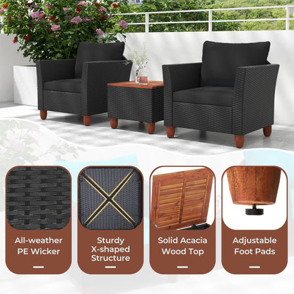 3 Pieces Patio Porch Furniture Set with Cushions and Storage Table-Black