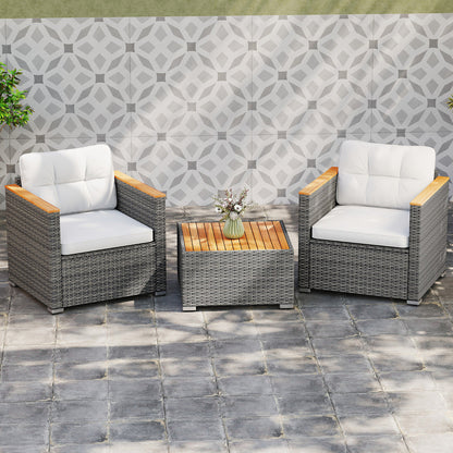 3 Pieces Patio Rattan Furniture Set with Cushions and Acacia Wood Top Coffee Table-White