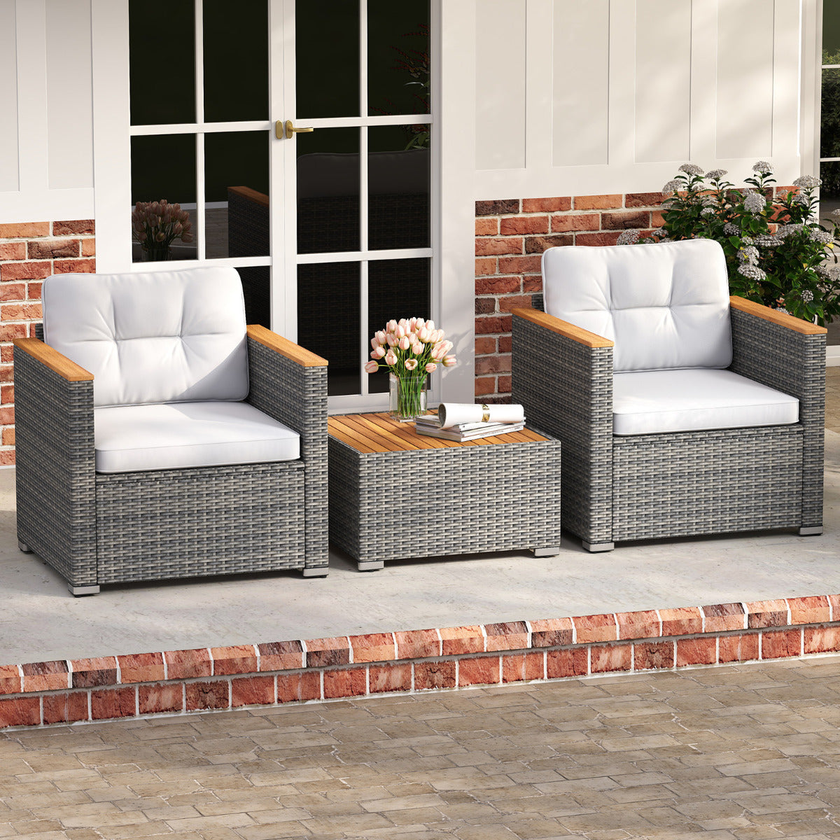 3 Pieces Patio Rattan Furniture Set with Cushions and Acacia Wood Top Coffee Table-White